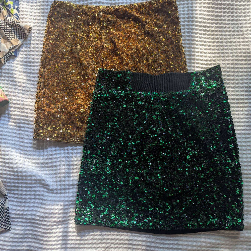 H&M Gold and Green Sequin Mini Skirt Set